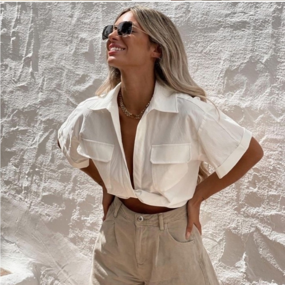Zara STRETCH LINEN BLEND CROP SHIRT